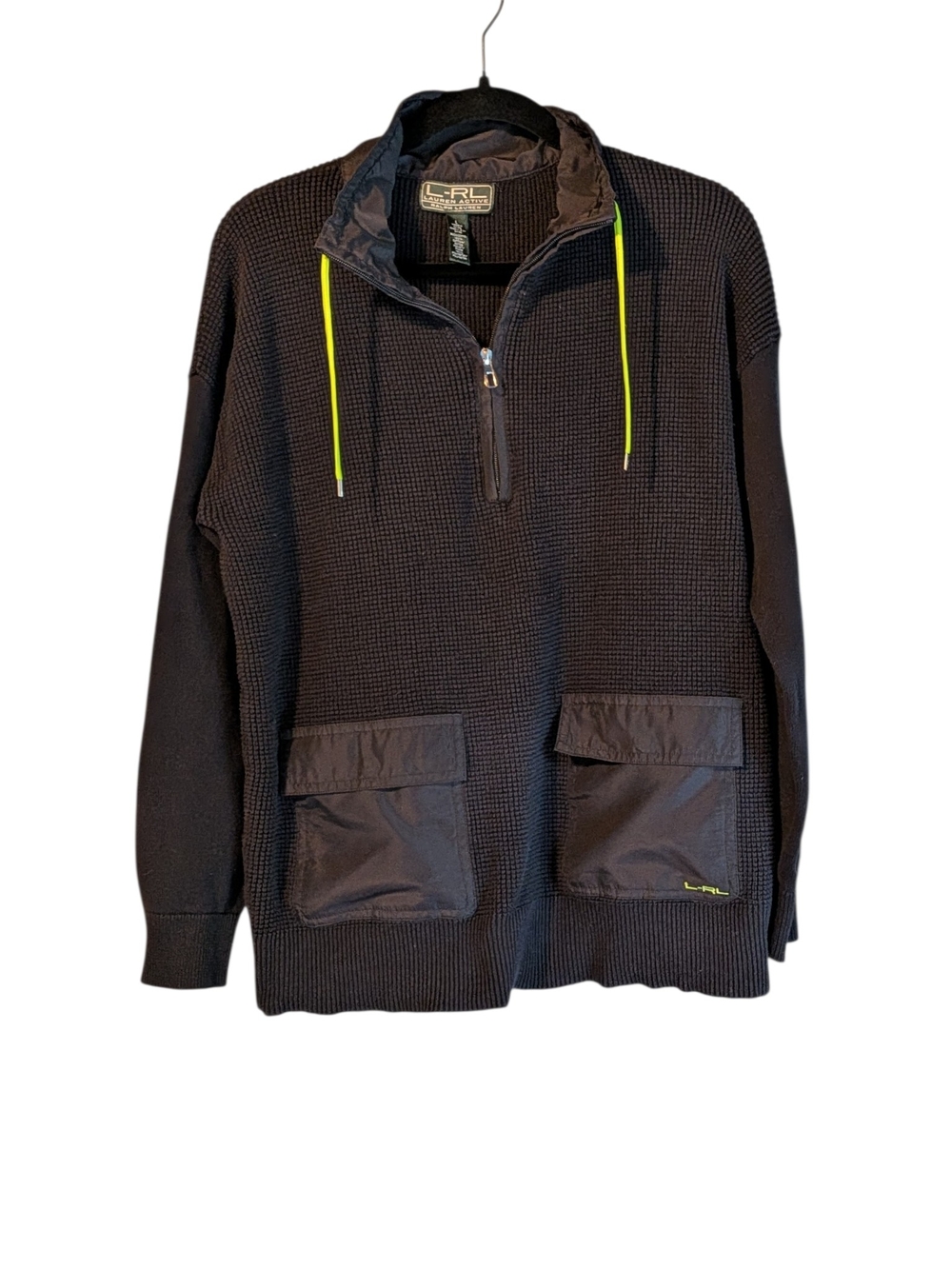 Lauren Ralph Lauren Black Quarter-Zip Knit Sweater with Neon Yellow Drawcords